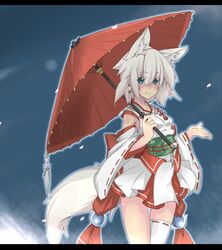  adapted_uniform animal_ears bad_id bad_pixiv_id blue_eyes blush detached_sleeves female fox_ears fox_tail japanese_clothes kazami_ryouya miko oil-paper_umbrella original short_hair solo tail thighhighs umbrella white_hair 