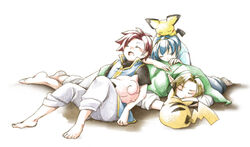  3boys ayu_(ponzu) barefoot blonde_hair blue_hair commentary_request fire_emblem fire_emblem:_mystery_of_the_emblem fire_emblem:_the_binding_blade hat jigglypuff link marth_(fire_emblem) multiple_boys photoshop_(medium) pichu pikachu pointy_ears pokemon pokemon_(creature) red_hair roy_(fire_emblem) sleeping smile super_smash_bros. the_legend_of_zelda tiara 