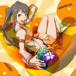  arancia baariya black_hair blue_hawaii commentary_request drink female legs long_hair midriff orange_eyes orange_skirt original sitting skirt solo tropical_drink twintails 