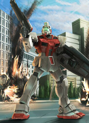  arm_shield assault_visor beam_rifle blue_sky cloud colony_interior commentary_request energy_gun fire gm_(mobile_suit) gm_command gm_command_space_type green_visor gun gundam gundam_0080 holding holding_gun holding_weapon mecha mecha_focus mobile_suit no_humans raybar road robot science_fiction shield sky smoke solo weapon 