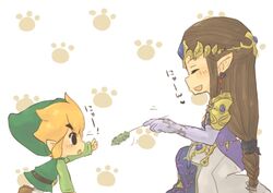  1boy black_eyes blonde_hair brown_hair commentary_request dress earrings elbow_gloves female gloves hat jewelry link lolicon long_dress pointy_ears princess_zelda smile the_legend_of_zelda the_legend_of_zelda:_the_wind_waker the_legend_of_zelda:_twilight_princess tiara toon_link tsutsuji 