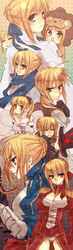  6+girls ahoge animal_costume armor armored_dress artoria_pendragon_(fate) bad_id bad_pixiv_id black_ribbon blonde_hair blue_ribbon blue_scarf blush braid breasts casual cleavage closed_eyes closed_mouth detached_sleeves dress epaulettes expressionless fate/extra fate/hollow_ataraxia fate/stay_night fate/tiger_colosseum fate/unlimited_codes fate/zero fate_(series) french_braid gauntlets green_eyes hair_intakes hair_ribbon highres holding holding_sword holding_weapon kotarou_(raincoat) lion_costume looking_at_viewer looking_back medium_breasts multiple_girls multiple_persona nero_claudius_(fate) nero_claudius_(fate/extra) oerba_yun_fang open_mouth puffy_sleeves rain red_dress ribbon saber_(fate) saber_alter saber_lily saber_lion scarf smile standing sword weapon white_dress 