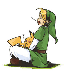  1boy ayu_(ponzu) blonde_hair bored earrings hat jewelry link male_focus open_mouth photoshop_(medium) pikachu pointy_ears pokemon pokemon_(creature) super_smash_bros. the_legend_of_zelda yawning 