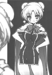  blush breasts cape female greyscale highres large_breasts monochrome quiz_magic_academy ribbon short_hair solo urotan yang_yang 