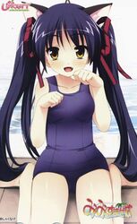  animal_ears black_hair blush brown_eyes card_(medium) cat_ears female jpeg_artifacts long_hair mimi_wo_sumaseba_(eroge) one-piece_swimsuit oogami_hinata open_mouth paw_pose pool poolside school_swimsuit solo souryuu_(double_dragon) swimsuit twintails 