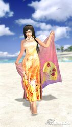  3d barefoot beach black_hair china_dress chinese_clothes day dead_or_alive dead_or_alive_4 dress female highres kokoro_(doa) long_hair outdoors sky solo 