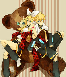  1boy armpits bare_shoulders belt blonde_hair blue_eyes boots bow brother_and_sister commentary detached_sleeves female hair_ornament hair_ribbon hairclip headphones kagamine_len kagamine_rin large_teddy_bear locked_arms midriff necktie ribbon short_hair shorts siblings sitting striped stuffed_animal stuffed_toy symbol-only_commentary teddy_bear thighhighs twins vocaloid yoshi_92 