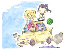  3girls bad_id bad_pixiv_id car casual chibi food fruit kanbara_satomi kuma_jet motor_vehicle multiple_girls painttool_sai_(medium) saki_(manga) senoo_kaori tsuyama_mutsuki vehicle_focus watermelon 