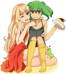  2girls bare_shoulders blonde_hair blue_eyes chemise commentary_request feeding food green_hair lingerie long_hair macross macross_frontier multiple_girls nightgown one_eye_closed pudding purple_eyes ranka_lee sheryl_nome short_hair sitting sleeveless smile socks spoon striped_clothes striped_socks underwear vertical-striped_clothes vertical-striped_socks yoshi_92 