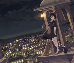  animal armcho bell black_cat black_eyes black_hair bow broom city commentary_request dress feline female hair_ribbon hairbow jiji_(majo_no_takkyuubin) kiki_(majo_no_takkyuubin) lamp leaning majo_no_takkyuubin night night_sky outdoors photoshop_(medium) radio rain ribbon sky solo sweden wind 