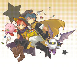  2boys blue_eyes blue_hair candy cape checkerboard_cookie commentary_request cookie fire_emblem fire_emblem:_mystery_of_the_emblem fire_emblem:_the_binding_blade food halloween hat jack-o&#039;-lantern kirby kirby_(series) male_focus marth_(fire_emblem) mask menoko meta_knight multiple_boys pumpkin red_hair roy_(fire_emblem) super_smash_bros. wings yellow_eyes 