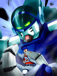  1boy aoki_ryuusei_spt_layzner asuka_eiji bad_id bad_pixiv_id blue_hair layzner male_focus mecha mots robot solo 