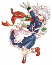  biting blue_eyes bobby_socks braid commentary_request female grey_hair izayoi_sakuya knife maid scarf shirosa short_hair socks solo touhou twin_braids 