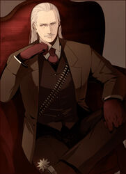  1boy bandolier brown_background coat facial_hair gloves gobeur hand_up liquid_ocelot long_hair male_focus metal_gear_(series) metal_gear_solid moustache necktie old old_man photoshop_(medium) revolver_ocelot sitting smile solo spurs trench_coat white_hair 