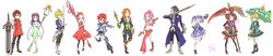  5boys 6+girls adelle_nevanlinna alphonse_zena_meridia arc_rise_fantasia black_hair blonde_hair blue_eyes breasts brown_eyes brown_hair cecille_garcia cleavage commentary_request dress everyone frog gloves green_eyes gun highres l&#039;arc_bright_lagoon leslie_flaherty long_hair medium_breasts midriff multiple_boys multiple_girls nicole_benecsu one_eye_closed orange_eyes orange_hair pantyhose photoshop_(medium) pink_hair poorya purple_eyes purple_hair rasutona_oigen red_hair ruunya ryfia sage_(arc_rise_fantasia) shiho_(pixiv) staff sword thighhighs umbrella weapon wide_image 