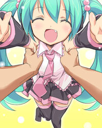  ^_^ alternate_color alternate_costume aqua_hair bad_id bad_pixiv_id carry_me closed_eyes detached_sleeves eeeeee female hair_bobbles hair_ornament happy hatsune_miku holding jpeg_artifacts lolicon long_hair necktie oerba_yun_fang open_mouth outstretched_arms petite_miku pov pov_hands reaching reaching_towards_viewer smile solo_focus thighhighs twintails very_long_hair vocaloid zettai_ryouiki 