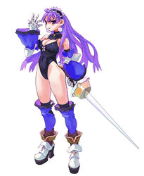  armor breasts cleavage dark_eclair detached_sleeves eclair_(la_pucelle) female full_body greaves headdress high_heels highleg highleg_leotard highres holding holding_sword holding_weapon la_pucelle large_breasts leotard long_hair official_art over-kneehighs photoshop_(medium) purple_hair ryoji_(nomura_ryouji) simple_background solo standing sword thighhighs weapon white_background 