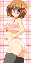  bespectacled blue_eyes bra brown_hair commentary_request female glasses hair_ornament lask lingerie lyrical_nanoha mahou_shoujo_lyrical_nanoha_strikers panties short_hair solo thighhighs underwear underwear_only x_hair_ornament yagami_hayate 