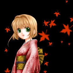  autumn bad_id bad_pixiv_id brown_hair cardcaptor_sakura female green_eyes japanese_clothes kimono kinomoto_sakura leaf mitsuru_(wish_fly) short_hair solo 