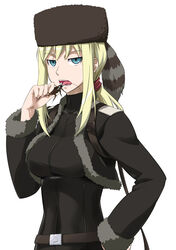  bad_id bad_pixiv_id belt blonde_hair bug cockroach coon_hat darker_than_black female green_eyes hand_on_own_hip hat jacket open_mouth skin_tight solo tanya_(darker_than_black) youkan 