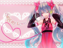  aqua_hair closed_eyes commentary_request detached_sleeves dress eruria facing_viewer female flower frilled_sleeves frills hair_flower hair_ornament hatsune_miku headphones heart heart_of_string long_hair sing_my_love_(vocaloid) smile solo twintails very_long_hair vocaloid 