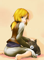  babato bad_id bad_pixiv_id barefoot blonde_hair border_collie canine enekk feet female long_hair looking_back nora_arento painttool_sai_(medium) ponytail sitting smile spice_and_wolf wariza yellow_eyes 