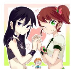  2girls bad_id bad_pixiv_id ben_10 ben_tennyson black_eyes brown_hair earrings frown genderswap_(ftm) genderswap_(mtf) glasses green_eyes gwen_tennyson hair_ornament hair_ribbon heart holding_hands interlocked_fingers jewelry kevin_levin kitaya lock long_hair midriff multiple_girls navel neck_ring necklace omnitrix one_eye_closed ponytail ribbon rule_63 shirt side_ponytail smile yuri 