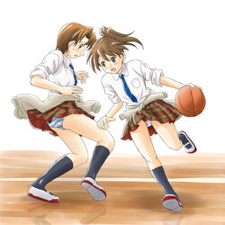  2girls ball basketball basketball_(object) brown_hair commentary_request dribbling_(basketball) fujimoto_atsuko gym highres lielos multiple_girls original panties pantyshot poniko_(lielos) ponytail reflection school_uniform short_hair skirt sleeves_rolled_up striped_clothes striped_panties underwear upskirt 