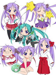  :&lt; bad_id bad_pixiv_id blush casual_one-piece_swimsuit cheerleader cosplay female hair_ribbon hatsune_miku hatsune_miku_(cosplay) hiiragi_kagami japanese_clothes kagamin_boo long_hair lucky_star miko multiple_persona nakki nyamou one-piece_swimsuit pom_pom_(cheerleading) purple_eyes purple_hair ribbon ryouou_school_uniform school_uniform serafuku swimsuit thighhighs tsurime twintails vocaloid zettai_ryouiki 