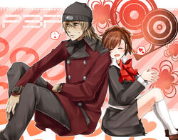  1boy aragaki_shinjirou bad_id bad_pixiv_id beanie blush bow brown_hair closed_eyes coat couple female gekkoukan_high_school_uniform hair_ornament hairclip hat persona persona_3 persona_3_portable school_uniform shiomi_kotone short_hair skirt smile straight sweatdrop tatumin trench_coat 