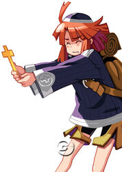  1boy 3: ^_^ ahoge backpack bag bike_shorts blush blush_stickers buckle closed_eyes cross cross_print culotte hat holding holding_cross la_pucelle la_pucelle_ragnarok legs_apart long_sleeves male_focus orange_hair outstretched_arms photoshop_(medium) ribbed_shirt ryoji_(nomura_ryouji) shade shirt short_hair shorts sidelocks simple_background solo standing third-party_edit third-party_watermark watermark white_background 