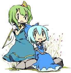  2girls :d blue_bow blue_dress blue_hair bow chibi cirno commentary_request daiyousei dress fairy_wings green_hair hair_between_eyes hairbow multiple_girls neck_ribbon open_mouth puffy_short_sleeves puffy_sleeves ribbon short_sleeves side_ponytail sitting smile touhou tsukino wings yellow_ribbon 