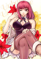  amaryllis_(flower) boots breasts cleavage cross crossed_legs earrings female floral_background flower highres jewelry large_breasts medium_hair off_shoulder one_eye_closed panties park_jae-kyung pink_eyes pink_hair red_flower sitting smile solo soo-hyon_lee thighhighs unbalance_unbalance underwear 