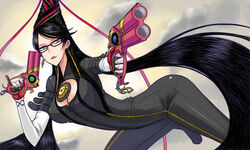  bayonetta bayonetta_(series) bayonetta_1 black_hair bodysuit cleavage_cutout clothing_cutout commentary_request dual_wielding earrings eyeshadow female glasses gun holding jewelry kurakumo_nue long_hair makeup mole mole_under_mouth solo very_long_hair weapon 