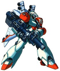  1980s_(style) cannon from_side full_body gun lieutenant_henry mecha mobilesuit_alpha namco_x_capcom no_humans official_art retro_artstyle rifle robot side_arms side_arms_hyper_dyne simple_background skull_and_crossbones solo standing weapon white_background 