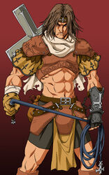  1boy abs belt brown_hair castlevania_(1986) castlevania_(series) commentary_request cross fingerless_gloves gloves headband ikumo_taisuke loincloth male_focus manly midriff muscular navel shoulder_pads simon_belmont solo whip 