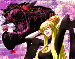  arms_up avavago_(parody) bayonetta bayonetta_(cosplay) bayonetta_(series) bayonetta_1 bespectacled blonde_hair bow breasts candy cleavage commentary_request cosplay dragon female food formal gap_(touhou) glasses gomorrah_(bayonetta) large_breasts lollipop long_hair ponytail ribbon soubi tongue touhou yakumo_yukari 