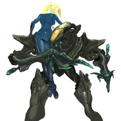  1other armor ass blonde_hair blue_eyes bodysuit carrying commentary female head_on_ass heart interspecies legs metroid metroid_prime_3:_corruption ponytail rundas sage_(mami1210) samus_aran simple_background size_difference white_background zero_suit 