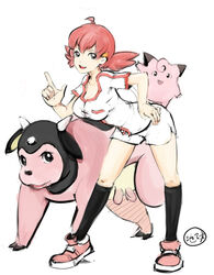  ahoge bent_over breasts clefairy female hand_on_own_hip kneehighs large_breasts miltank pokemon pokemon_(creature) pokemon_gsc red_hair shorts socks udder whitney_(pokemon) xinjing 