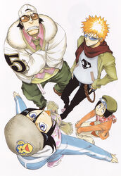  3boys :&lt; absurdres baseball_cap black_hair bleach blue_eyes cabbie_hat candy coat female food frown hands_in_pockets hat highres kubo_tite kuchiki_rukia kurosaki_ichigo lollipop looking_up mouth_hold multiple_boys necktie official_art orange_hair photoshop_(medium) scarf shiba_ganju shinigami_daikou_symbol sitting sunglasses yamada_hanatarou 