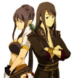  1boy black_eyes black_hair blue_hair bracelet crop_top crossed_arms female gloves hair_bun hair_up jewelry judith_(tales) long_hair midriff pointy_ears purple_eyes ramu_(jamink) single_hair_bun smile tales_of_(series) tales_of_vesperia yuri_lowell 