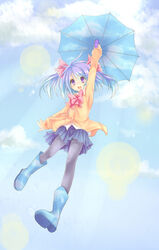  blue_footwear blue_hair boots cloud commentary_request day female flying open_mouth original pantyhose purple_eyes rai_(rai-s) rubber_boots skirt sky sky_print solo twintails umbrella umbrella_riding 