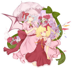  2girls bad_id bad_pixiv_id bat_wings blonde_hair blue_hair commentary_request flandre_scarlet hat multiple_girls one_side_up ponytail red_eyes remilia_scarlet short_hair siblings sisters souka_(souspirit) touhou umbrella wings 