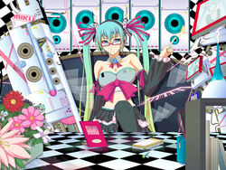  aqua_eyes aqua_hair breasts commentary_request detached_sleeves female flower hatsune_miku headset koumei_(harmonizer) large_breasts long_hair midriff photoshop_(medium) ribbon solo thighhighs twintails very_long_hair vocaloid zettai_ryouiki 