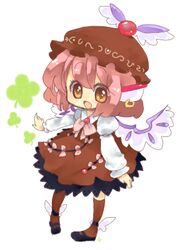  animal_ears bad_id bad_pixiv_id bow chibi clover dress earrings female four-leaf_clover full_body hairbow happy hat jewelry kneehighs long_sleeves lowres mary_janes mystia_lorelei natsumi_(natumi06) open_mouth pink_hair ribbon shoes short_hair simple_background socks solo standing touhou winged_footwear wings yellow_eyes 