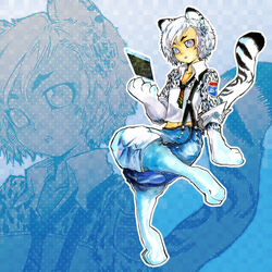  animal_ears bad_id bad_pixiv_id cat_ears cat_tail doraeshi female os-tan osx snow_leopard solo spots striped suspenders tail white_eyes white_hair zoom_layer 