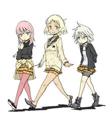  3girls andou_nene bike_shorts blonde_hair commentary_request dark-skinned_female dark_skin grey_hair hyakko makunouchi_ushio multiple_girls ooba_minato pantyhose photoshop_(medium) pink_pantyhose plaid red_hair school_uniform shigetoshisss shoes short_hair skirt sneakers sweater 