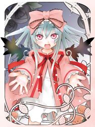  bow commentary_request cosplay female flower food fruit grey_hair hairbow hands hinaichigo hinaichigo_(cosplay) kakashichi leaf long_hair outstretched_arms outstretched_hand pink_bow pink_eyes reaching rozen_maiden solo strawberry suigintou wings 