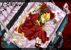  blonde_hair box bug butterfly commentary_request dress female flower highres in_box in_container key rikkunia rose rozen_maiden shinku solo 