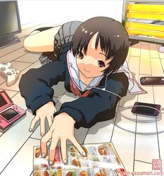  bad_id bad_pixiv_id brown_eyes brown_hair digital_media_player female game_console handheld_game_console ipod ipod_touch nintendo_ds original phone playstation_portable school_uniform serafuku solo xbox_360 yasumori_zen 